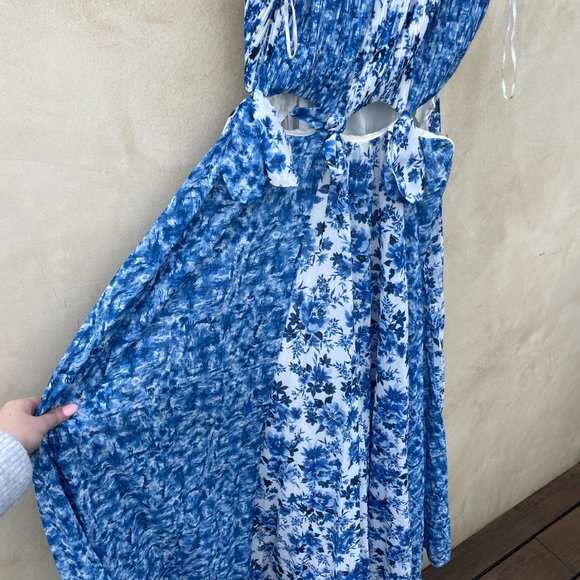 Amur Holland Tie Pleated Chiffon Maxi Spaghetti Strap Dress Blue Floral Print - Picture 8 of 13
